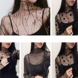Sexy Mesh High Collar Long Sleeve Bottoming Blouse  Size:  One Size( Silver Wire )