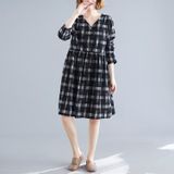 Large Size Loose Looking Thin Western Style Mid-length Plaid Dress (Color:Black Size:L)