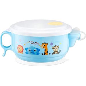 450ml Stainless Steel Interior And Plastic Exterior Double Layer Cartoon Style Bowl With Cover And Handles For Child At Age 2 To 9(Blue)