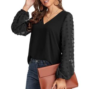 V-hals chiffon wollen bal decoratieve lange mouw blouse (kleur: zwart Maat: M)