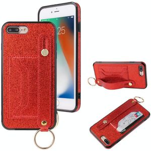 Glitter Powder PU+TPU Schokbestendige beschermhoes met houder & kaartslots & polsbandje voor iPhone 8 Plus / 7 Plus(Rood)