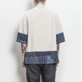 Retro Hanfu Seven-quarter Sleeve Cotton Linen Solid Stitching Youth Men Cardigan Coat  Size:2XL(White)