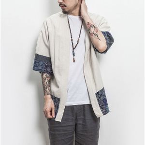 Retro Hanfu Seven-quarter Sleeve Cotton Linen Solid Stitching Youth Men Cardigan Coat  Size:2XL(White)
