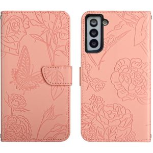 Voor Samsung Galaxy S21 FE 5G Skin Feel Butterfly Peony reliëf lederen telefooncase (Pink)