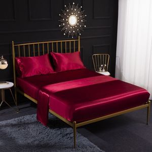 Home Ice Silk Simulation Silk Four-Piece Pillowcase Flat Sheet Fitted Sheet Set  Size:US-King:198*203*40cm(Wine Red)