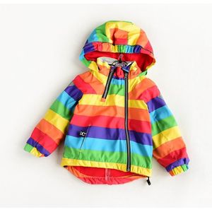 Autumn and Winter Children Fleece Rainbow Striped Diagonal Zipper Hooded Windbreaker  Height:90cm(Multicolor)