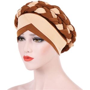 Two-color Braided Milk Silk Turban Cap  Size:M?56-58cm?(Camel +Beige)