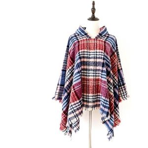 Spring Autumn Winter Checkered Pattern Hooded Cloak Shawl Scarf  Length (CM): 135cm(DP-06 Red)
