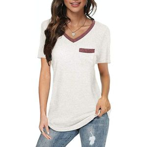 Zomerkleur bijpassende V-hals Pocket Losse Casual Katoen T-shirt met korte mouwen voor dames (kleur: wit Maat: M)