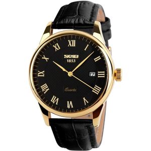 SKMEI 9058 Multifunctional Outdoor Fashion Waterproof Gold Shell Quartz Wrist Watch(Men Style Black Face Black Strap)