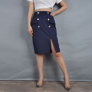 Fake Coin Pocket Hem Slit Striped Skirts (Color:Navy Blue Size:S)