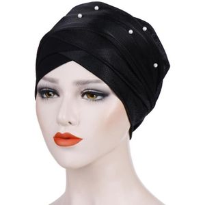 2 PCS Women Beaded Two-color Turban Hat Bright Silk Cloth Hooded Cap(Black)