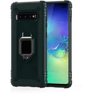 For Galaxy S10+ Carbon Fiber Protective Case with 360 Degree Rotating Ring Holder(Green)