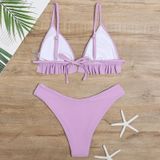 2 in 1 Solid Color Ruffled Backless Bikini Ladies Split Swimsuit Set with Chest Pad (Color:Lotus Color Size:L)