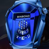 BINBOND Locomotive Concept Watch Heren Live Black Technology Watch (gouden netriem-volledig goud-blauw gezicht)