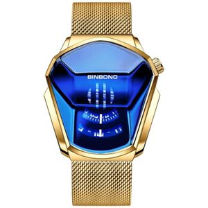 BINBOND Locomotive Concept Watch Heren Live Black Technology Watch (gouden netriem-volledig goud-blauw gezicht)