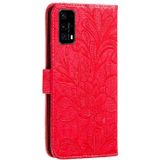 For Huawei P40 Lace Flower Embossing Pattern Horizontal Flip Leather Case with Holder & Card Slots & Wallet & Photo Frame & Lanyard(Red)
