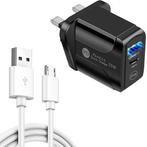 PD25W USB-C / TYPE-C + QC3.0 USB DUBLE PORTS Snelle oplader met USB naar Micro USB-gegevenskabel  Britse plug