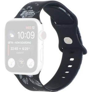 8-gesp afgedrukte vervangende band horlogeband voor Apple Watch Series 6 & SE & 5 & 4 44mm / 3 & 2 & 1 42mm (zwarte achtergrond witte bloem)