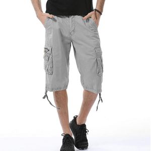 Summer Multi-pocket Solid Color Loose Casual Cargo Shorts for Men (Color:White Grey Size:34)