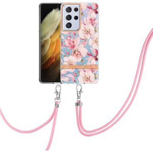 Voor Samsung Galaxy S21 Ultra 5G Bloemen Serie TPU Telefoonhoesje met Lanyard (Pink Gardenia)