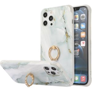 Four Corners Shocproof Flow Gold Marble IMD Back Cover Case with Metal Rhinestone Ring For iPhone 13 mini(Gray)