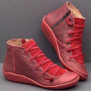 PU Boots Lace-Up Retro Flat Women Boots  Size:37(Red)