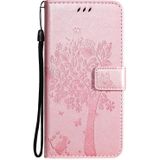 For Samsung Galaxy A02s Tree & Cat Pattern Pressed Printing Horizontal Flip PU Leather Case with Holder & Card Slots & Wallet & Lanyard(Rose gold)