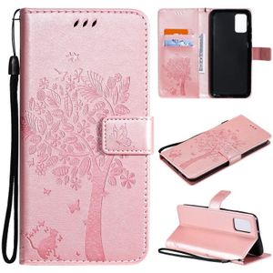 For Samsung Galaxy A02s Tree & Cat Pattern Pressed Printing Horizontal Flip PU Leather Case with Holder & Card Slots & Wallet & Lanyard(Rose gold)