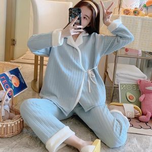 Two-piece Warm Pajamas For Pregnant Women (Color:Blue Size:XL)