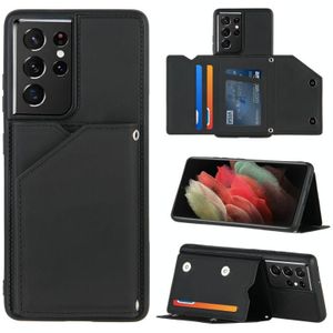 For Samsung Galaxy S21 Ultra 5G Skin Feel PU + TPU + PC Back Cover Shockproof Case with Card Slots & Holder & Photo Frame(Black)