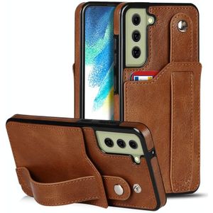 Voor Samsung Galaxy S21 FE Crazy Horse Texture Shockproof TPU + PU lederen hoesje met kaartsleuf en polsbandhouder (bruin)
