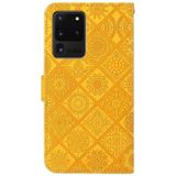 Voor Samsung Galaxy S20 Ultra Ethnic Style Embossed Pattern Horizontale Flip Lederen Case met Holder & Card Slots & Wallet & Lanyard(Geel)