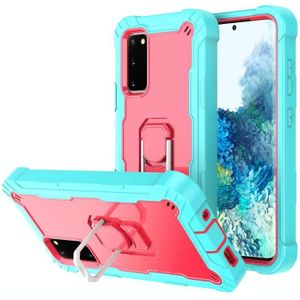 For Samsung Galaxy S20 FE / FE 5G PC + Rubber 3-layers Shockproof Protective Case with Rotating Holder(Mint Green + Rose Red)
