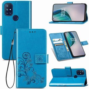 For One Plus Nord N10 5G Four-leaf Clasp Embossed Buckle Mobile Phone Protection Leather Case with Lanyard & Card Slot & Wallet & Bracket Function(Blue)