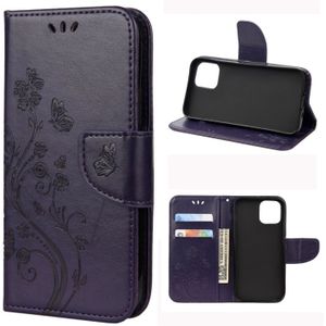 For iPhone 12 Max / 12 Pro Butterfly Flower Pattern Horizontal Flip Leather Case with Holder & Card Slots & Wallet(Deep Purple)