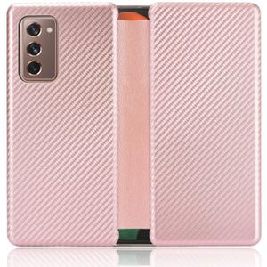For Samsung Galaxy Z Fold2 5G Carbon Fiber Texture Magnetic Horizontal Flip TPU + PC + PU Leather Case with Card Slot(Pink)