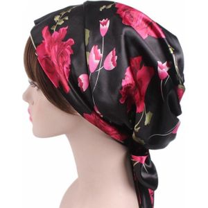 2 PCS TJM-226 Ladies Satin Print Ribbon Bow Turban Hat Night Cap Silk Chemotherapy Hat Long Tail Braid Hat(Big Black Flower)