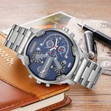 CAGARNY 6820 Fashionable Business Style Large Dial Dual Time Zone Quar0tz Movement Wrist Watch with Stainless Steel Band & Calendar Function for Men(Silver Band Blue Window)