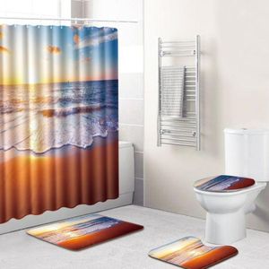 4 PCS Ocean Series Mat Shower Curtain Bathroom Carpet Door Mat  Size:Shower Curtain +45x75cm 3 PCS(G81221-D3)