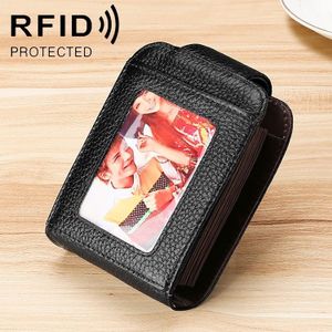 KB189 Vertical Cowhide Leather Organ Shape Multiple Card Slots Anti-magnetic RFID Wallet for Ladies  with Transparent Window(Black)
