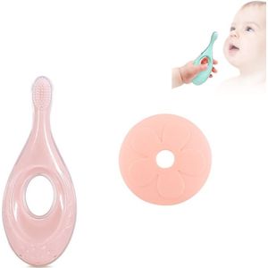 2-in-1 Baby Silicone Toothbrush Creative Baby Soft Hair Short Handle Short Neck Protector(Pink)