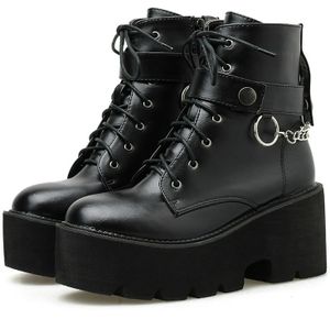 Platform - Soled Martin Boots Side Zipper Handsome Ankle Boots  Shoe Size:36(Black)