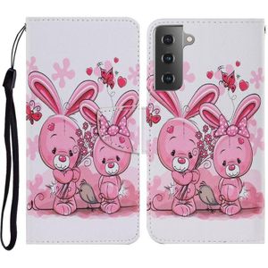 For Samsung Galaxy S21 5G Coloured Drawing Pattern Horizontal Flip PU Leather Case with Holder & Card Slots & Wallet & Lanyard(Cute Rabbit)