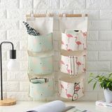 Cotton Linen Hanging Storage Bag 3 Pockets Wall Mounted Wardrobe Hang Bag Wall Pouch Cosmetic Toys Organizer(Green flamingo)