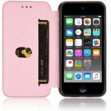 For iPod Touch 5 / 6 / 7 Carbon Fiber Texture Magnetic Horizontal Flip TPU + PC + PU Leather Case with Card Slot(Pink)