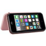 For iPod Touch 5 / 6 / 7 Carbon Fiber Texture Magnetic Horizontal Flip TPU + PC + PU Leather Case with Card Slot(Pink)