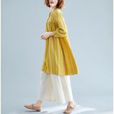 Large Size Loose And Thin Mid-length Linen Cotton Printed Dress (Color:Yellow Size:XL)