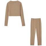 Herfst Winter Solid Color Slim Fit Lange mouwen Sweatshirt + Broek Pak voor Dames (Kleur: Khaki Maat: L)