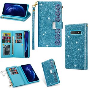 For Samsung Galaxy S10 Multi-card Slots Starry Sky Laser Carving Glitter Zipper Horizontal Flip Leather Case with Holder & Wallet & Lanyard(Sky Blue)